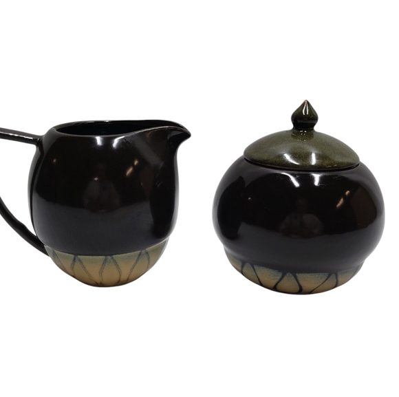 Tannex Stoneware Creamer Sugar Bowl Brown Green Tan - Picture 1 of 12